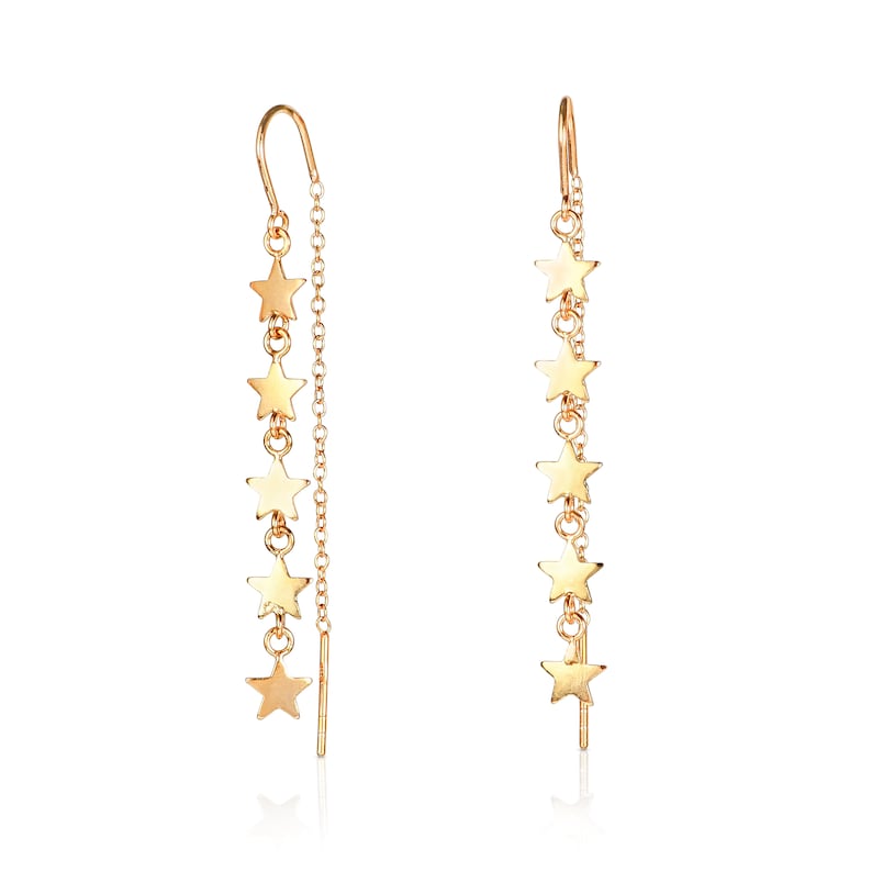 Vergoldete Sterling Silber Threader Ohrringe für Frauen mit Stern Motive, Zierliche Goldketten Ohrringe für Mädchen, Stern Ohrhänger Gold Bild 2