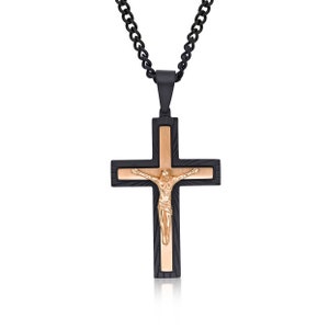 Stainless Steel Mens Cross Necklace with Black IP Plating. The Polished Stainless Steel Long Necklace with Large Cross Pendant for Men. ROSE GOLD/BLACK