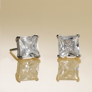 Silver Square Stud Earrings for Women and Teens, Silver Studs with Solitaire 6 mm Square Cubic Zirconia Stones, Pair of Square CZ Earrings