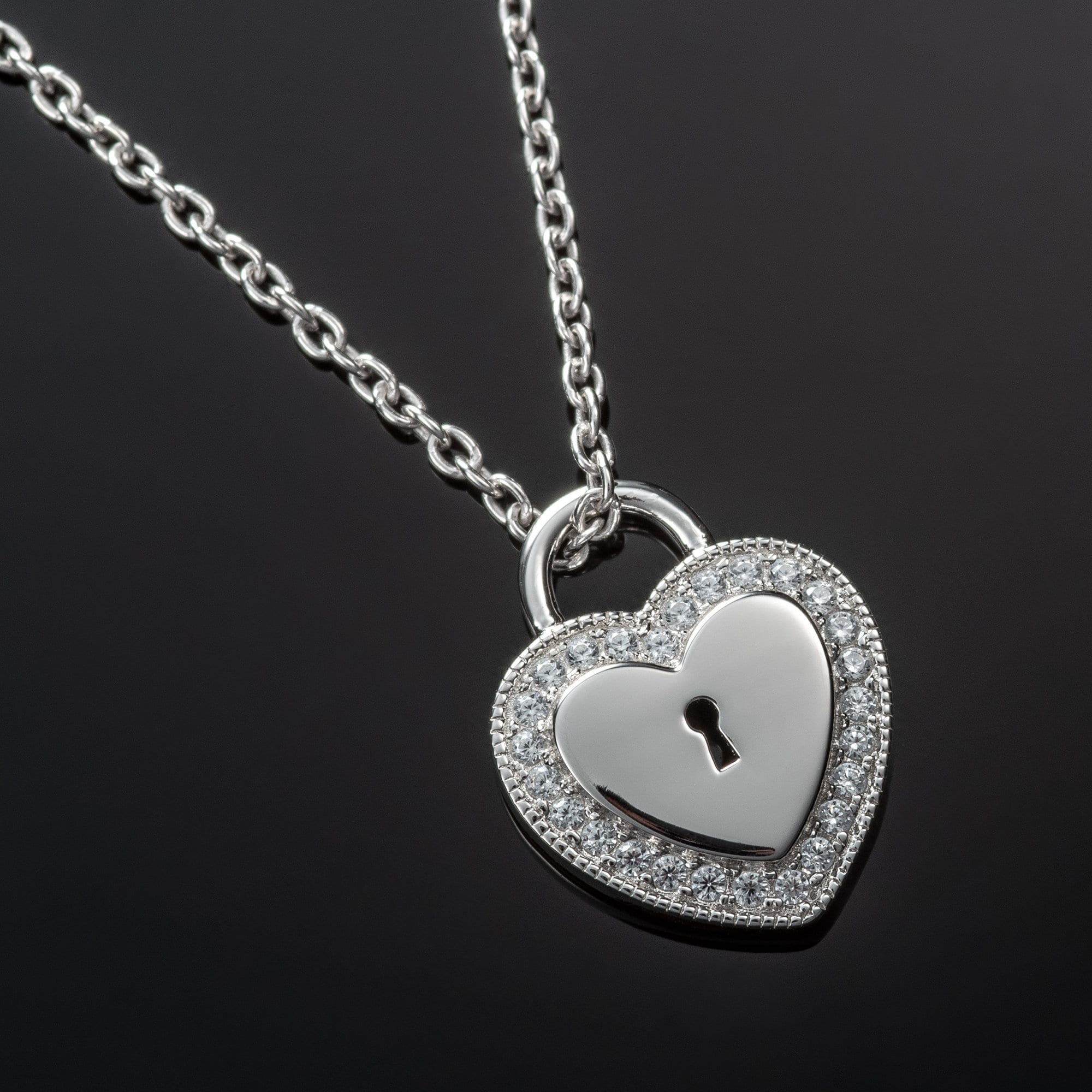 18K White Gold Diamond Heart Lock Pendant and Key Necklace