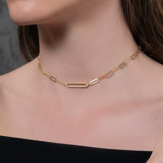 Gold Chain Choker Necklace for Women, Gold Plated Silver Link Choker Necklace with Cubic Zirconia Stones, Dainty Chokers for Women and Girls