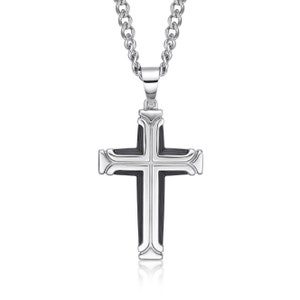 Stainless Steel Mens Cross Necklace with Black IP Plating. The Polished Stainless Steel Long Necklace with Large Cross Pendant for Men. PLAIN POLISHED