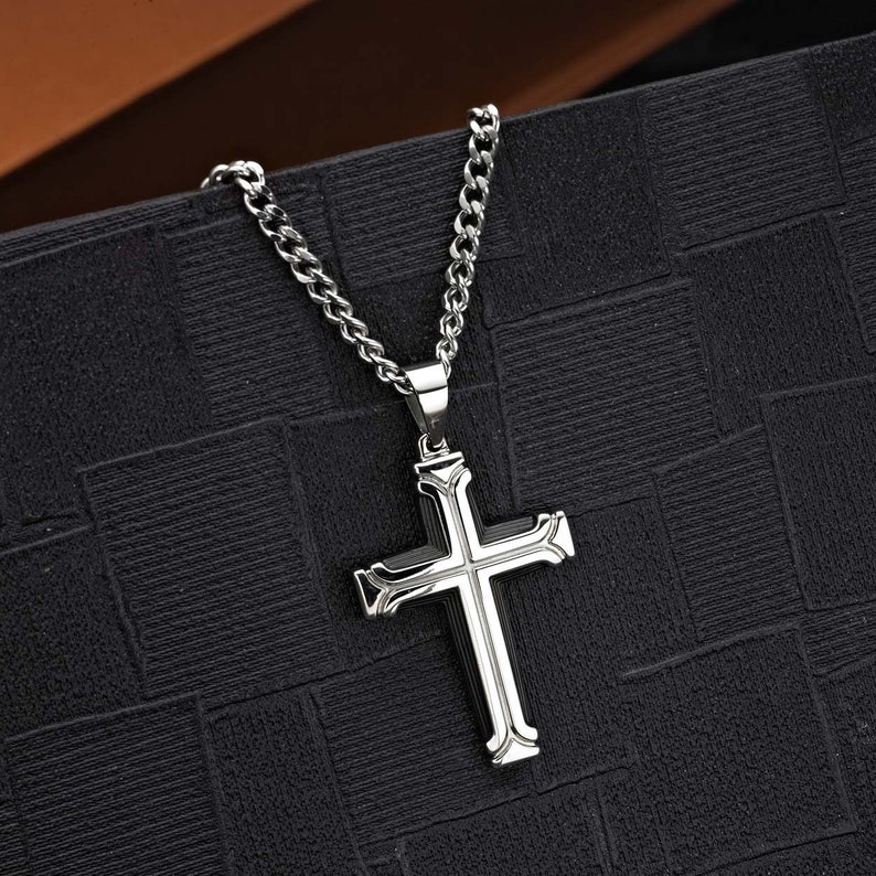 Stainless Steel Mens Cross Necklace with Black IP Plating. The Polished Stainless Steel Long Necklace with Large Cross Pendant for Men. image 1