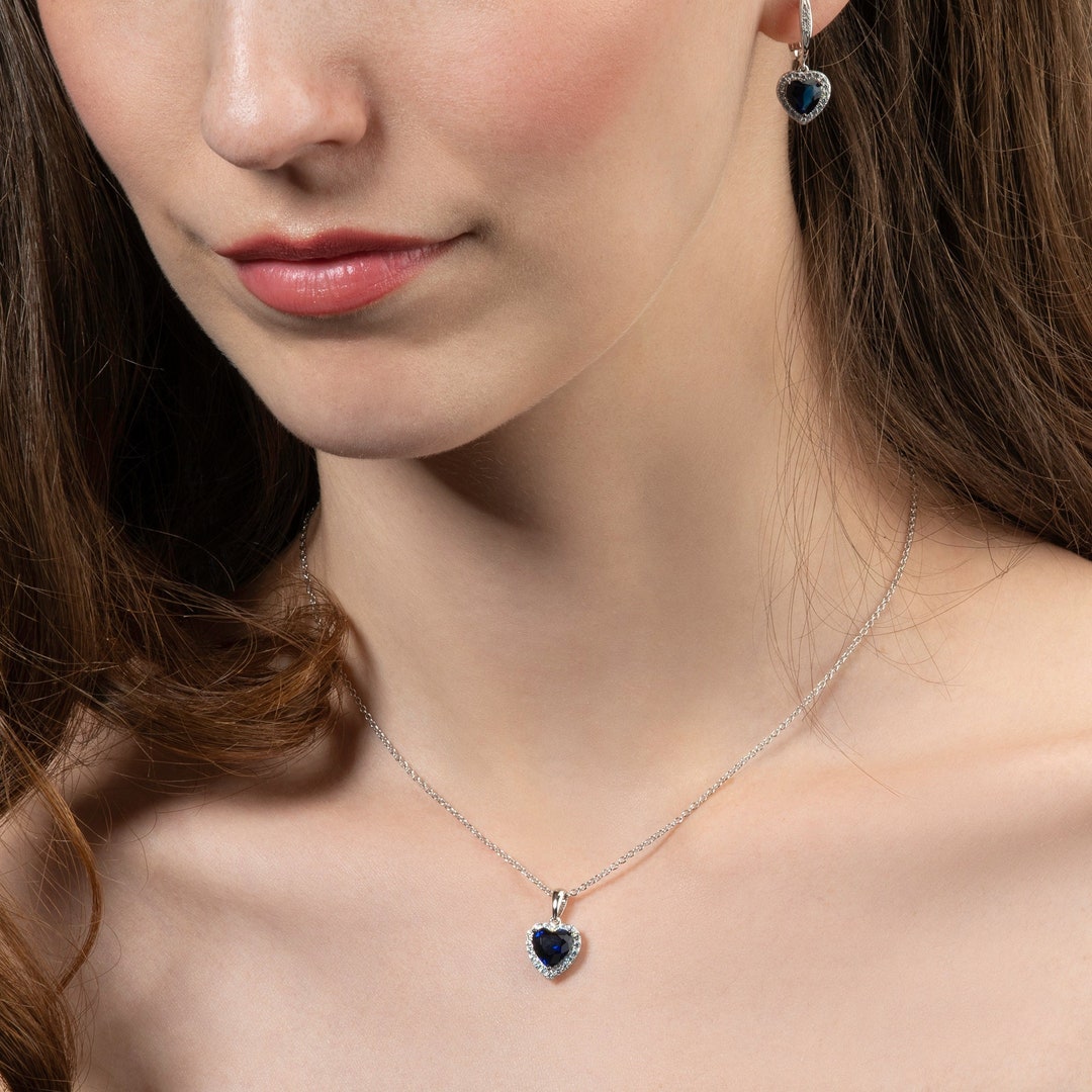 925 Sterling Silver Blue Heart Necklace for Women, Silver