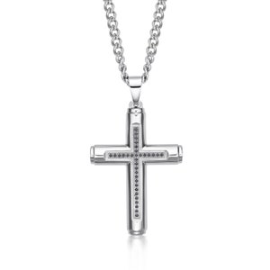 Stainless Steel Mens Cross Necklace with Black IP Plating. The Polished Stainless Steel Long Necklace with Large Cross Pendant for Men. BLACK STONES