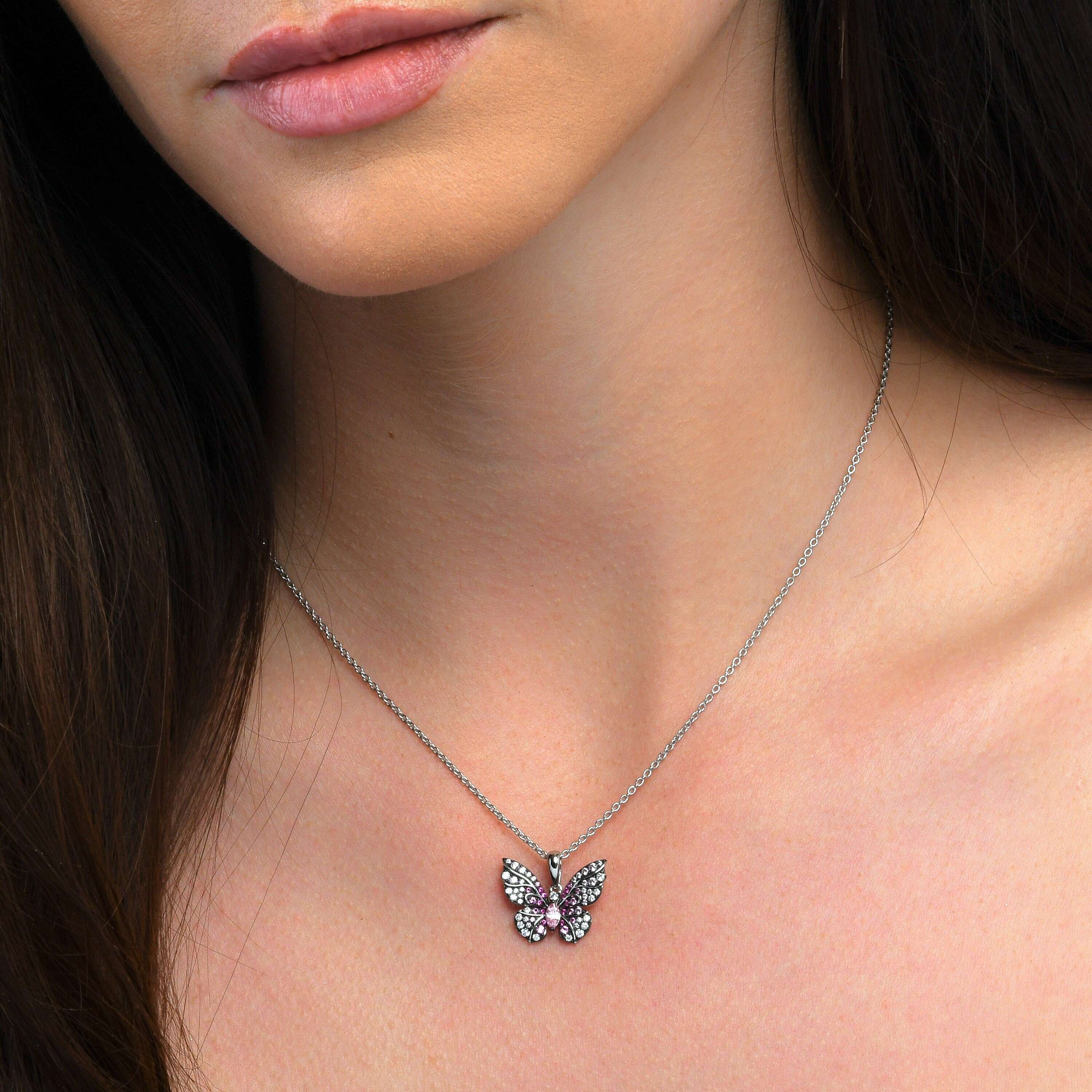 Pink Butterfly Necklace: Sterling Silver Cubic Zirconia Pendant