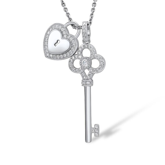 Black & White Diamond Heart Lock & Key Necklace in Sterling Silver