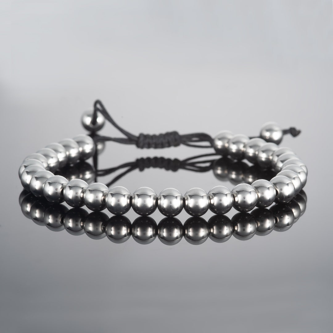 Adjustable Bead Bracelet for Men and Teenage Boys, Silver