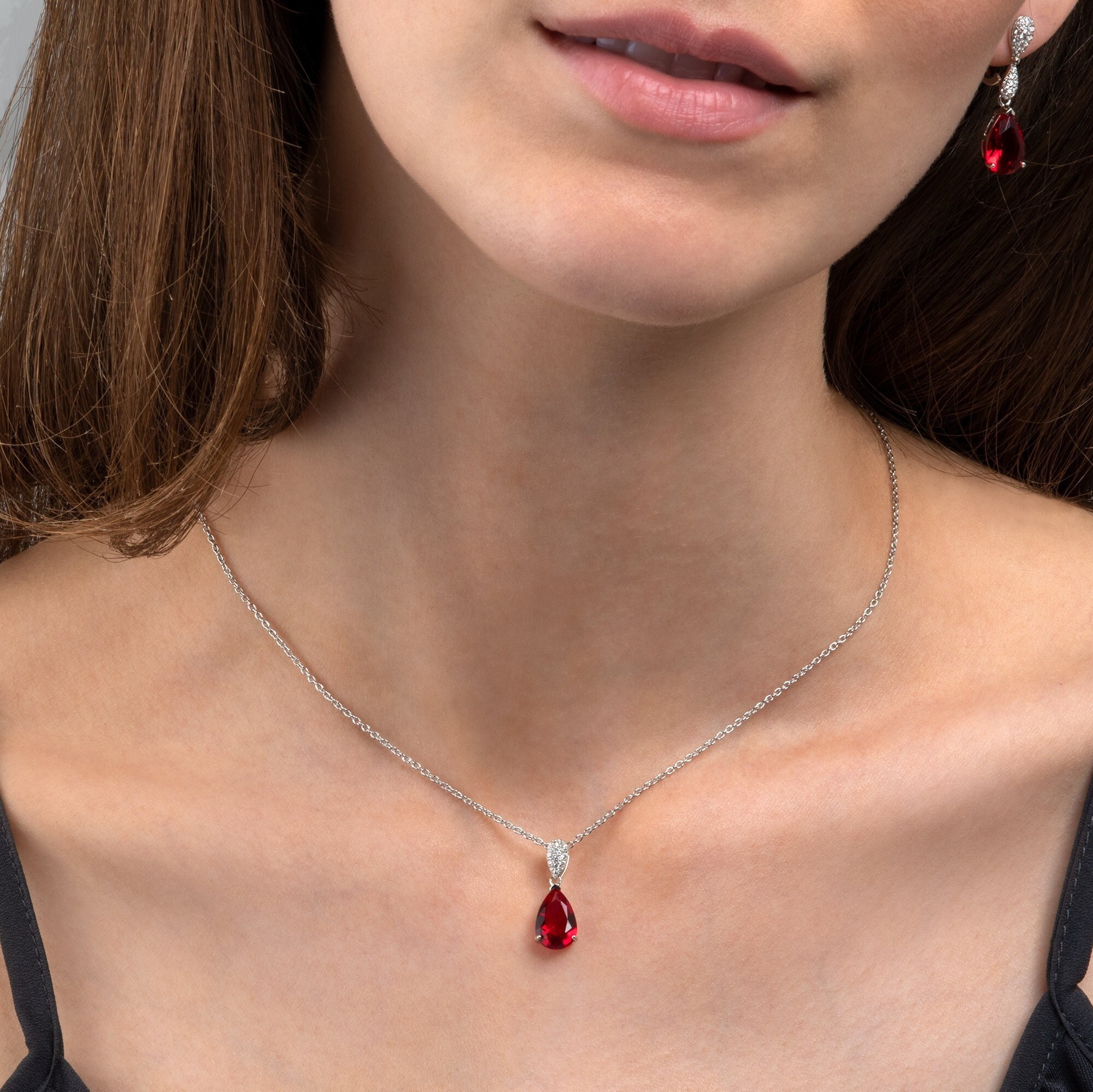 925 Sterling Silver Red Teardrop Pendant Necklace for Women