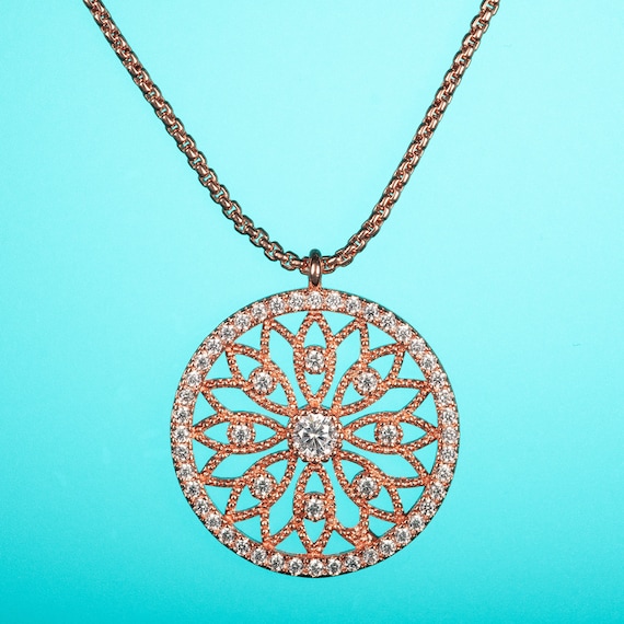 Rose Gold Filigree Pendant Necklace for Women and Teen Girls Rose