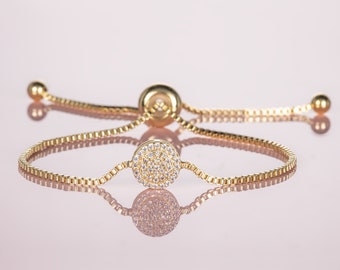 Bracelet réglable disque en or pour femme, bracelet curseur en or jaune avec zircons cubiques, bracelet bolo pour femme et adolescente