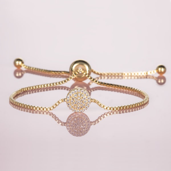 Adjustable Gold Disc Bracelet for Women, Yellow Gold Slider Bracelet with Cubic Zirconia Stones, Bolo Bracelet for Women and Teen Girls