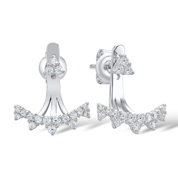 925 Sterling Silver Ear Jacket Earrings with CZ Stud & Feather Charm E02 
