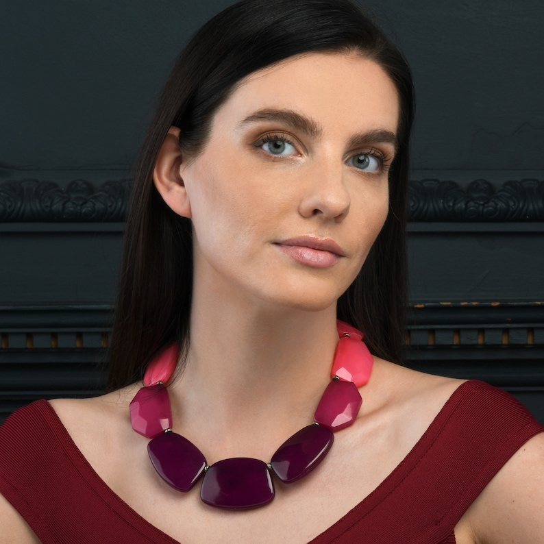 Purple & Pink Statement Necklace for Women, Handmade Boho Chic Chunky Necklace in purple and pink Resin,Bohemian Costume Jewellery for Women image 5