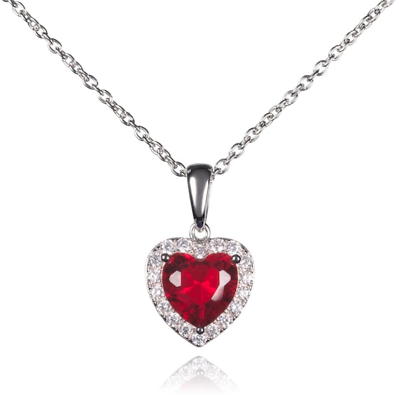 925 Sterling Silver Red Heart Necklace for Women, Silver
