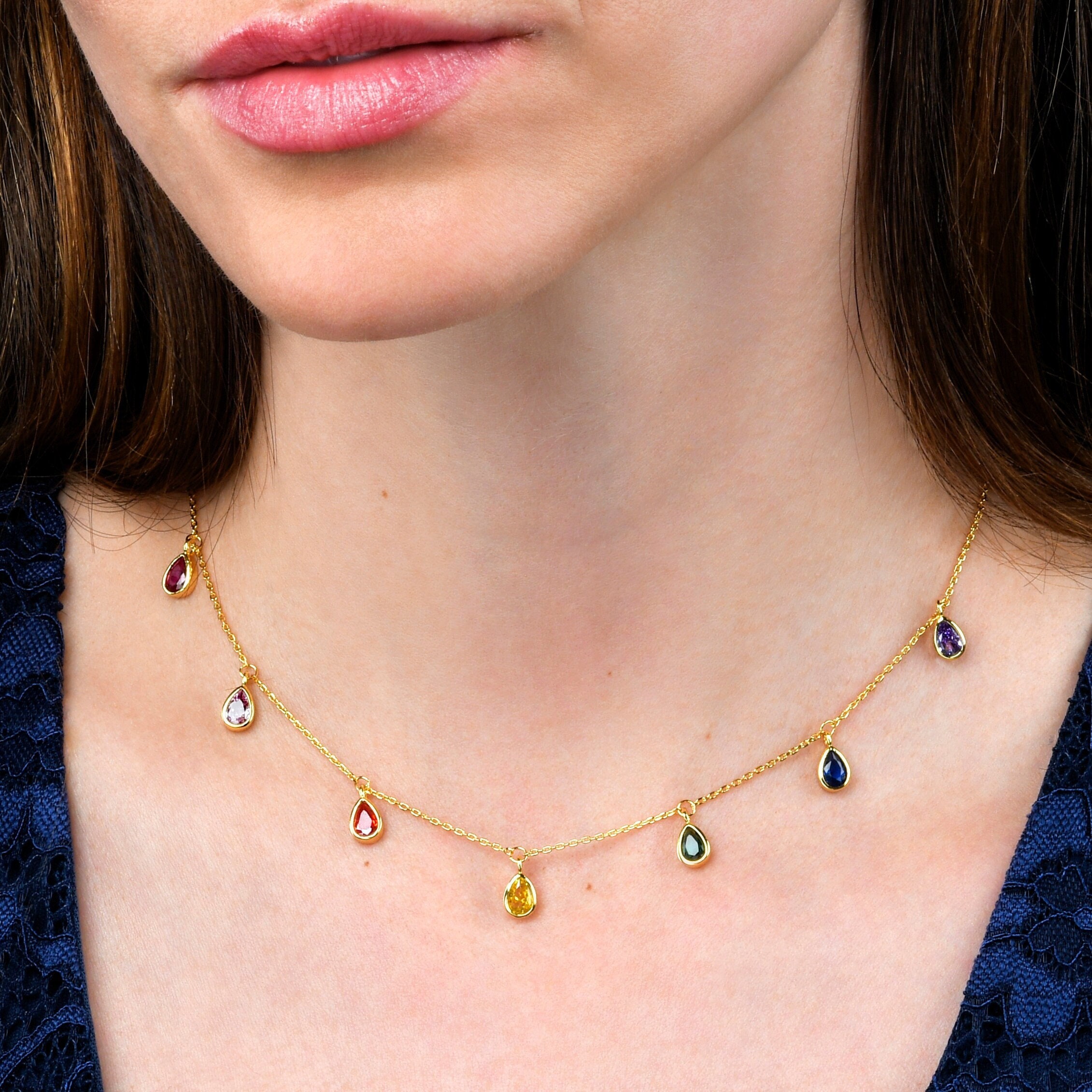 Boho Beaded Choker Necklace For Women - Gold Chain With Rainbow Beads & Cubic Zirconia, Dainty Sterling Silver Plated
