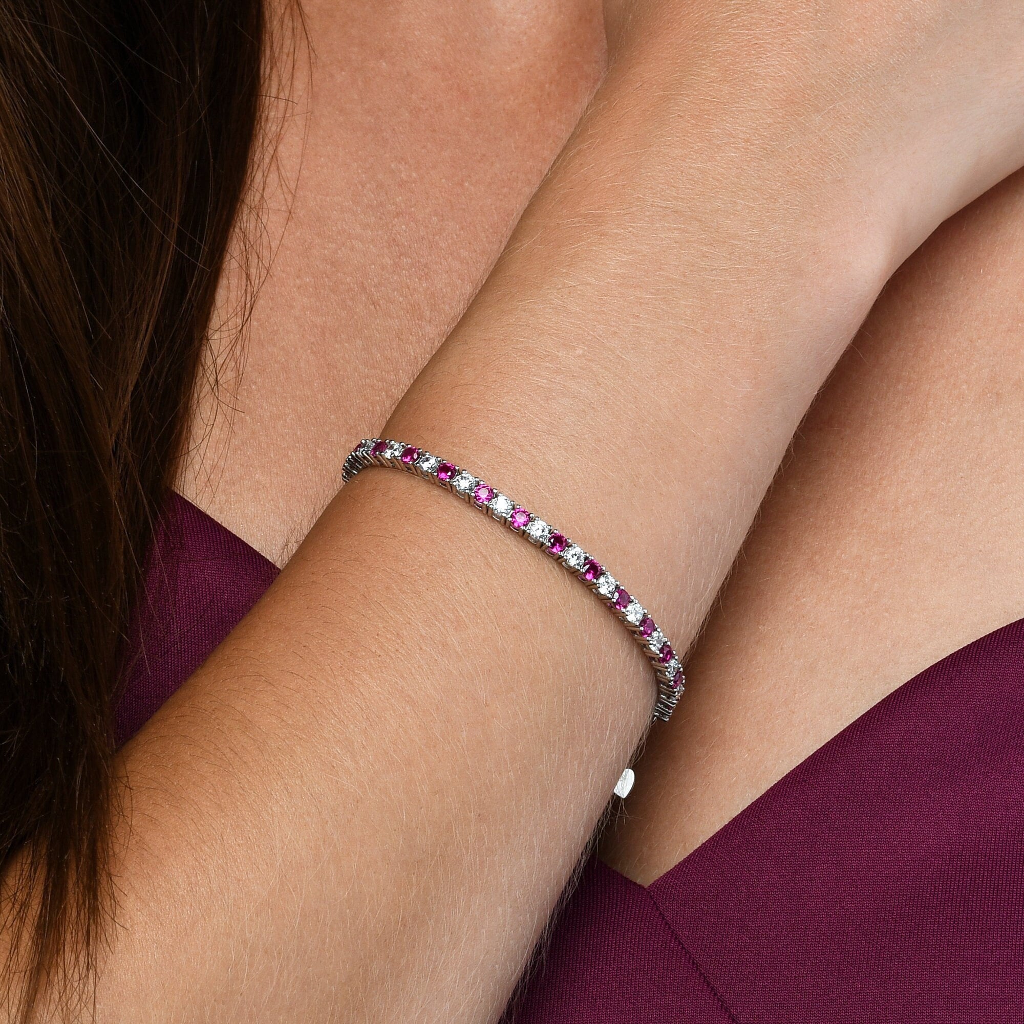 Bracciale in argento sterling con quarzo rosa sfaccettato, cristallo incastonato, regolabile - Italia