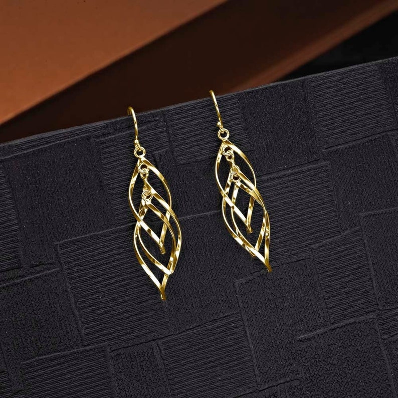 Gold Plated Sliver Long Spiral Dangling Earrings For Women, Gold Plated Dangling Spiral 925 Sterling Silver Twirl Earrings For Girls image 2