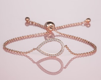 Bracelet poire réglable en or rose pour femme, bracelet curseur en or rose avec zircons, bracelet bolo pour femme et adolescente
