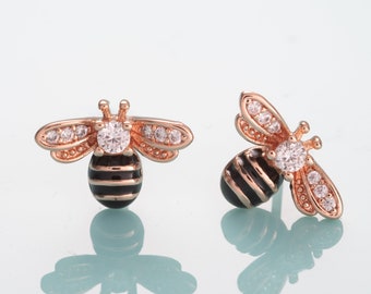 Rose Gold Bee Earrings for Women, Rose Gold Plated Bumble Bee Stud Earrings for Women, Bee Earrings with Cubic Zirconia and Black Enamel