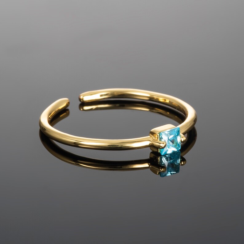 Light Blue Ring in Gold for Women, Adjustable Open Rings for Women with a Sky Blue Square Stone, Dainty Gold Ladies Ring, Womens Gold Ring image 2