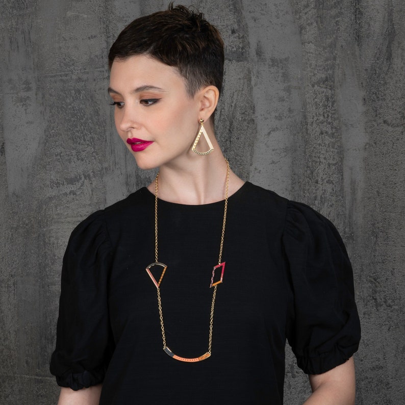 Long Gold Necklace with Colourful Enamel, Art Deco Reversible Necklace for Women, Geometric Long Gold Chain Necklace in Pink, Orange, Black image 1
