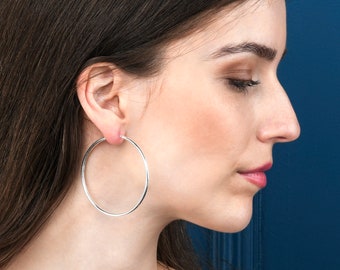 Orecchini Cerchio Sottili Orecchini A Cerchio In Argento Sterling 925 - Diametro 55mm (2.2"), Tondi Sottili, Ipoallergenici Orecchini Argento Cerchio - Foto 4