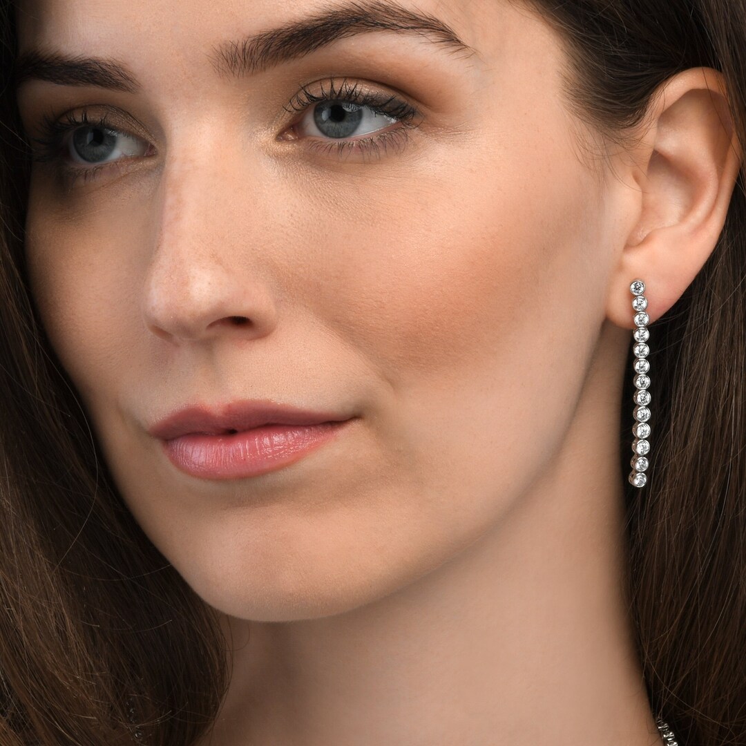 Long Dangle Earrings for Women in 925 Sterling Silver, Single Line