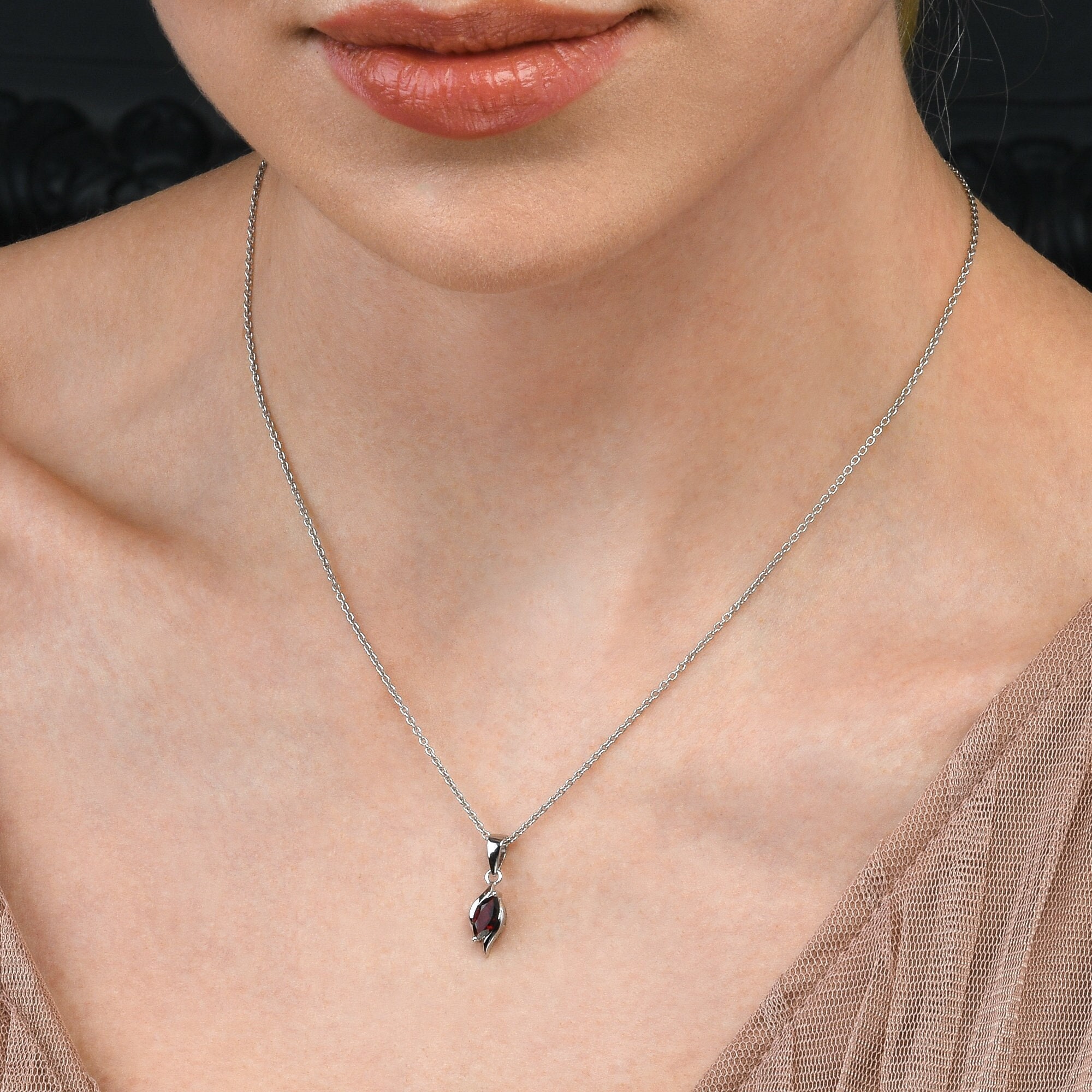 925 Sterling Silver Garnet Pendant Necklace for Women, Silver Garnet Necklace, Natural Gemstone Pendant with Marquise Shaped stone in Silver