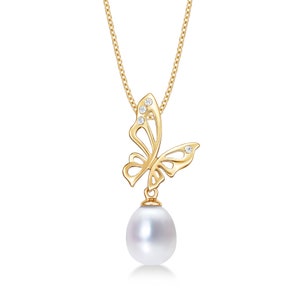 Gold Butterfly Necklace with Freshwater Pearl & Cubic Zirconia Stones 9K Yellow Gold For Women, 9ct Yellow Gold Pendant Necklace For Girls image 2