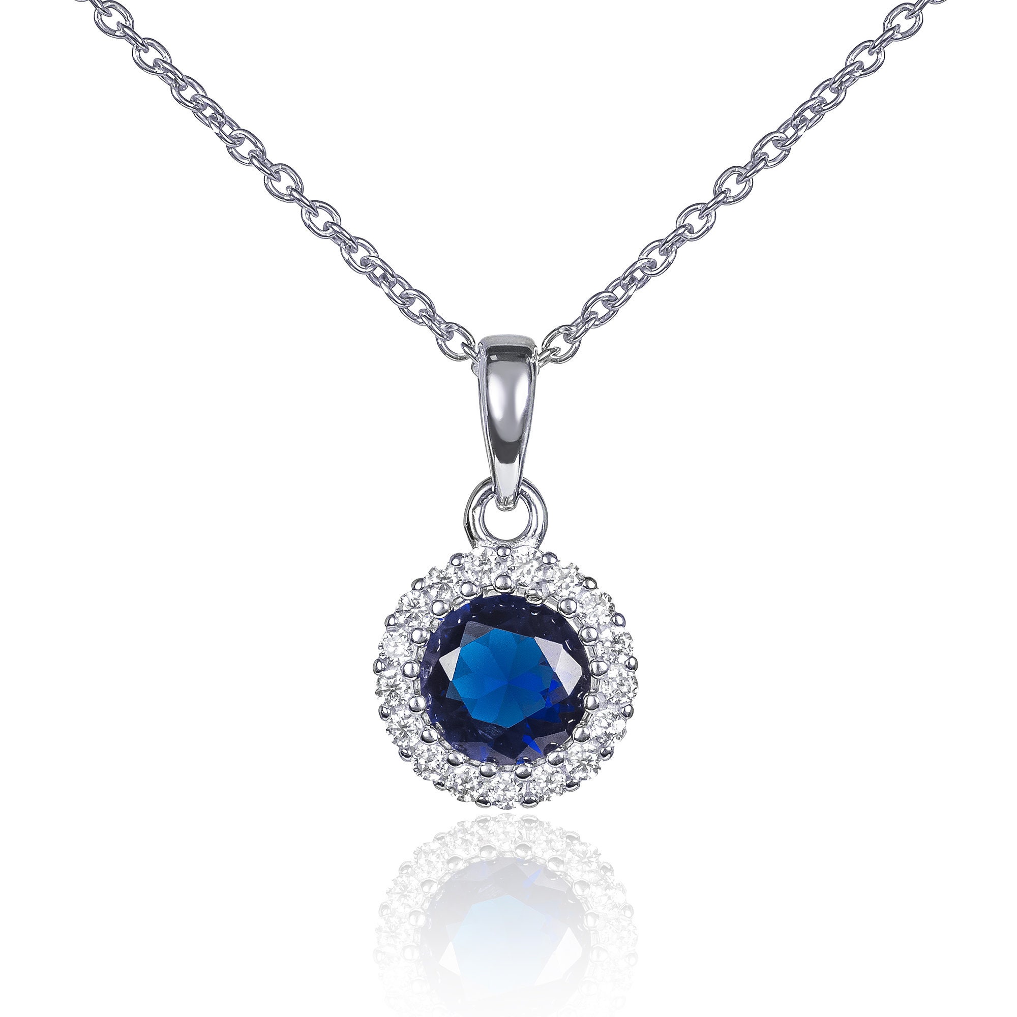 925 Sterling Silver Halo Blue Pendant Necklace for Women