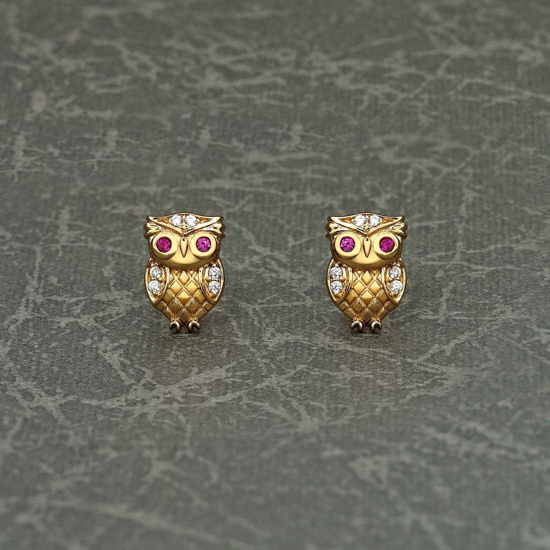 Gold Plated 925 Sterling Silver Owl Earrings with Cubic Zirconia For Women,Small Gold Owl Stud Earri
