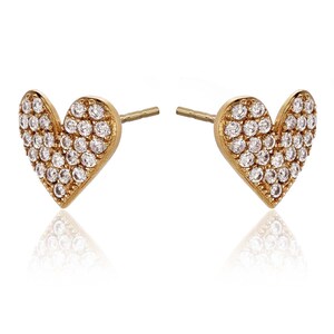 Gold Plated 925 Sterling Silver Heart Earrings With Cubic Zirconia For women, Dainty Gold Stud Earrings with White Stones For Girls image 2