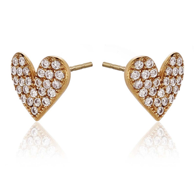 Gold Plated 925 Sterling Silver Heart Earrings With Cubic Zirconia For women, Dainty Gold Stud Earrings with White Stones For Girls image 2