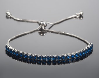 Blue Bracelet for Women and Teen Girls, Silver Bracelet with Blue Stones, Dainty Slider Bracelet,  Tennis Bracelet with Blue Zirconia Stones