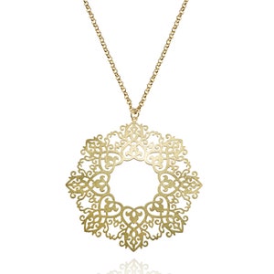 Large Gold Mandala Pendant Necklace for Women, Gold Plated Mandala Pendant on a Long Chain, Long Gold Necklace for Women with a Matte Finish image 3