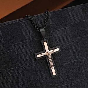 Stainless Steel Mens Cross Necklace with Black IP Plating. The Polished Stainless Steel Long Necklace with Large Cross Pendant for Men. image 7