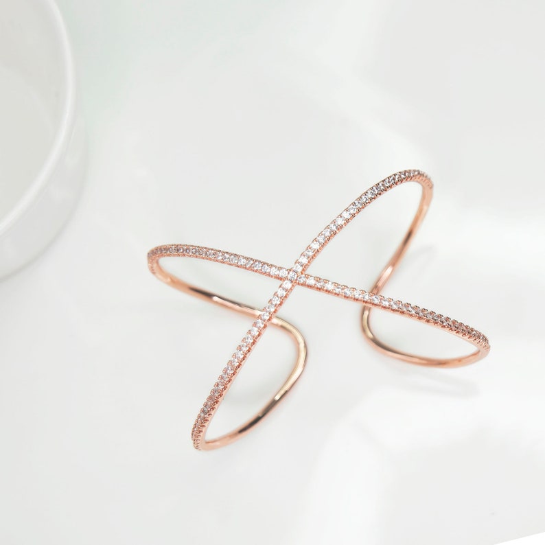 Wide Rose Gold Cuff Bracelet for Women with CZ Stones, Large Cuff Bangle Bracelet for Women with Cubic Zirconia, Cuff Bracelet for Women image 6
