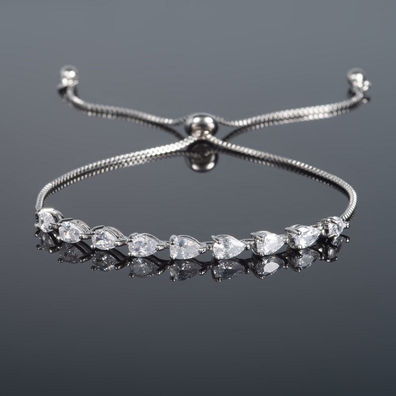 Elegant Dainty Slider Bracelet for Women with Pear Shaped Cubic Zirconia Stones, Sparkly Silver Bracelet for Women and Teenage Girls, image 1