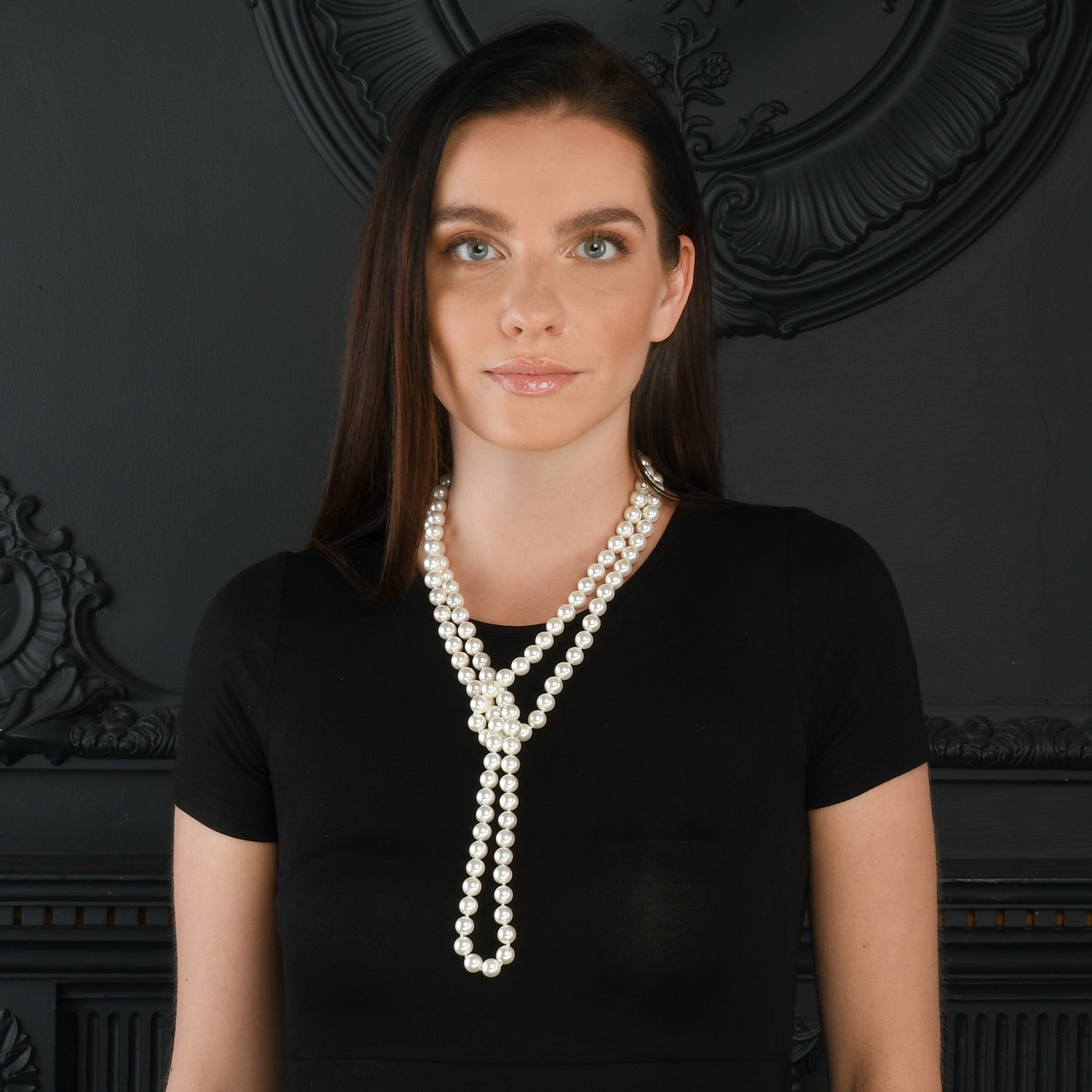 ネックレス・ペンダント VINTAGE HOLLYWOOD Ribbon Pearl Long Necklace 4BNY558 Long necklace - XL pearl sautoir black cordon | Ginette NY
