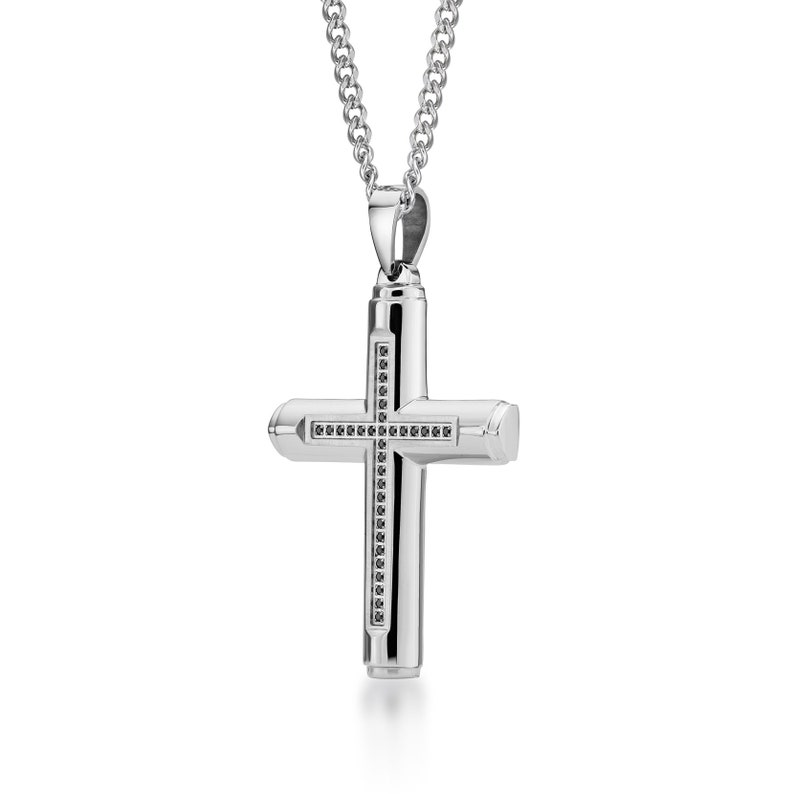 Stainless Steel Mens Cross Necklace with Black IP Plating. The Polished Stainless Steel Long Necklace with Large Cross Pendant for Men. image 10