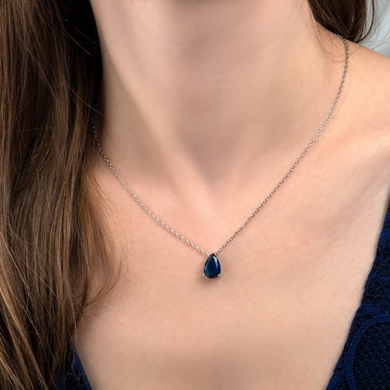 925 Sterling Silver Blue Pear Drop Pendant Necklace for Women