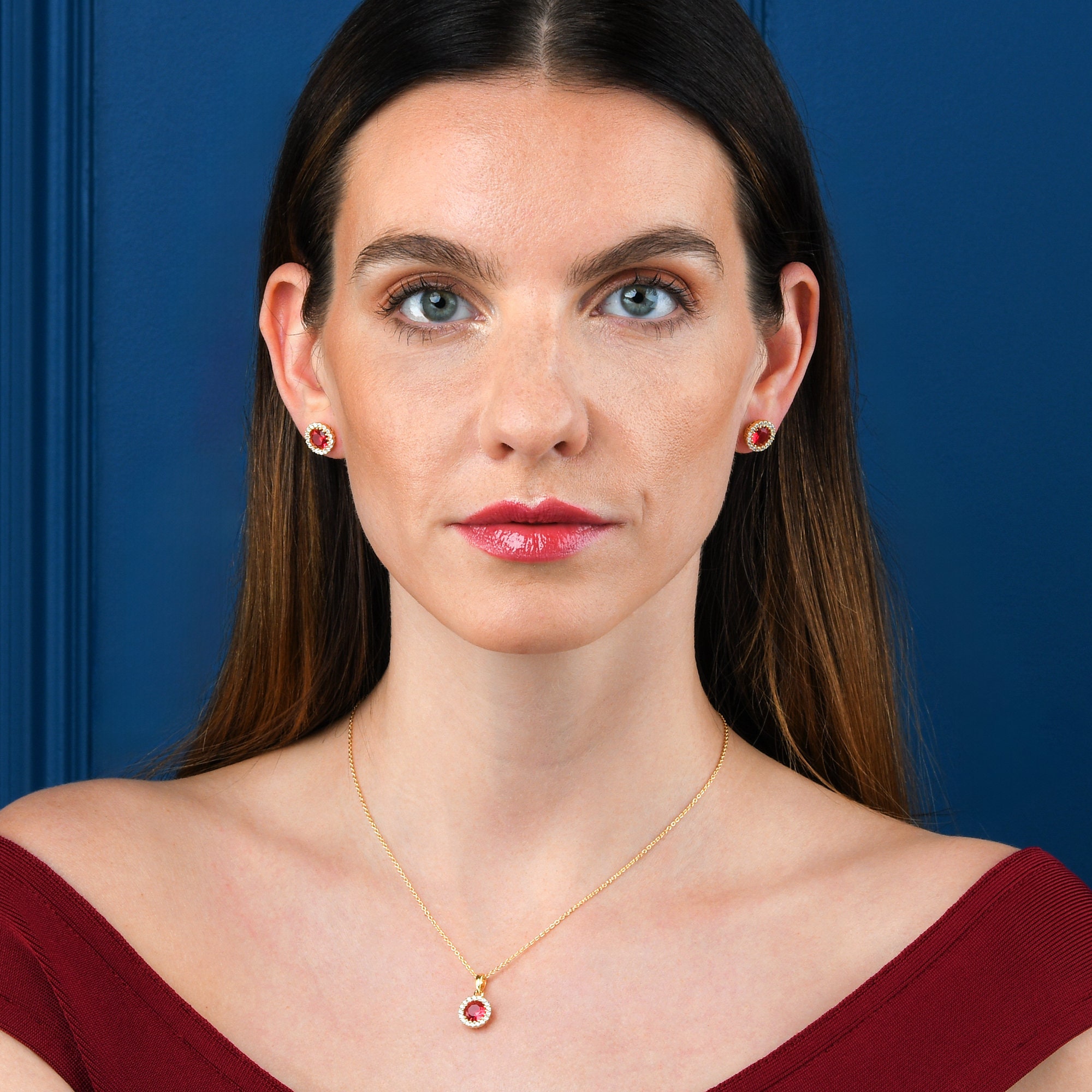 Gold Plated 925 Sterling Silver Red Round Halo Pendant
