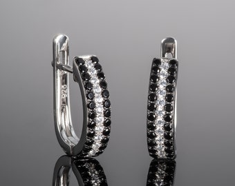 925 Sterling Silver Hoop Earrings with Black and White Stones, Silver Hoops for Women with CZ and Black Spinel Stones, Black Huggie Earrings