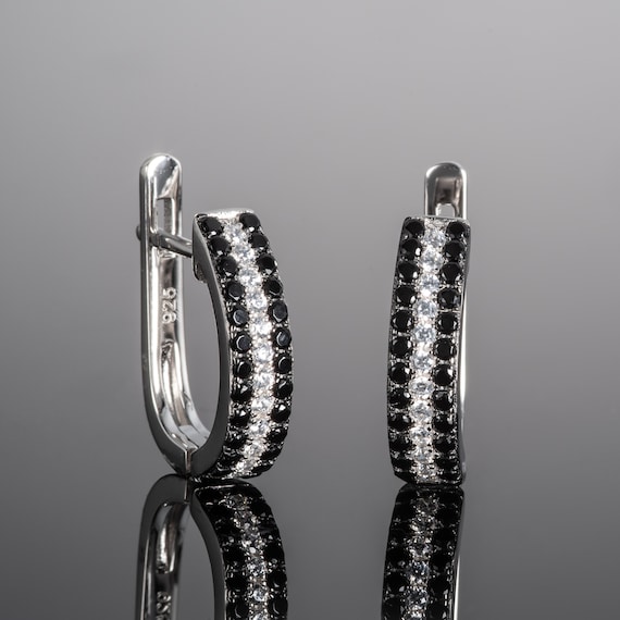 925 Sterling Silver Hoop Earrings With Black and White Stones 