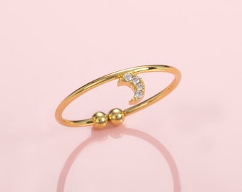 Dainty Gold Moon Ring for Women, Adjustable Open Rings for Women with Cubic Zirconia. Womens Gold Plated Ring Set with Zirconia Stones