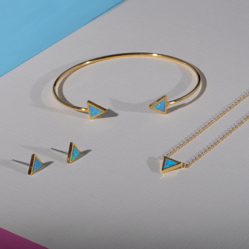 Gold Plated Triangle Opal Pendant Necklace, Dainty Gold Opal Necklace for Women, Gold Plated Geometric Necklace with a Created Opal. image 7