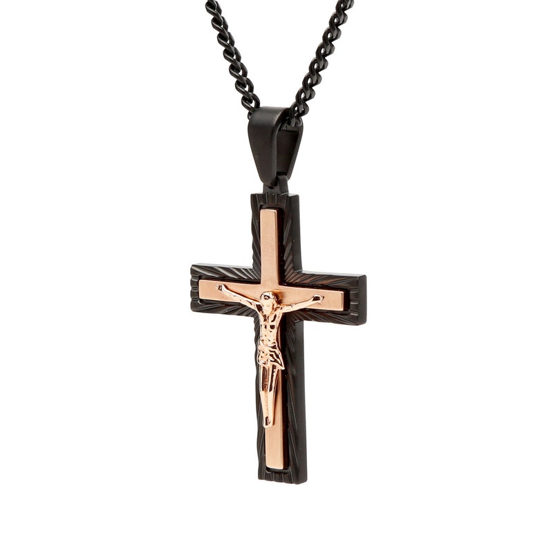 Stainless Steel Mens Cross Necklace with Black IP Plating. The Polished Stainless Steel Long Necklace with Large Cross Pendant for Men. image 6
