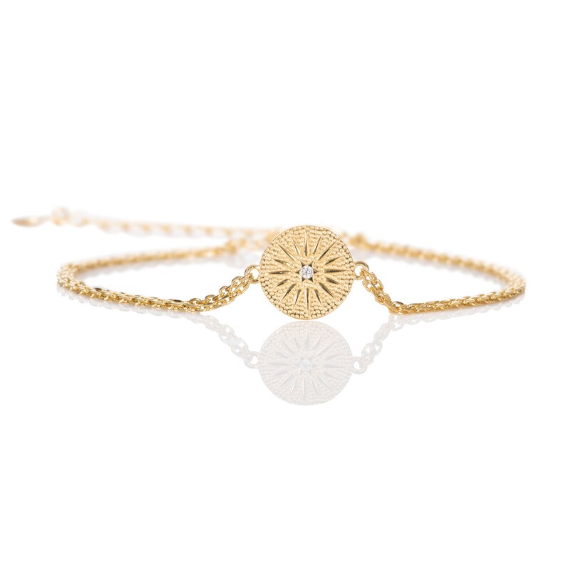 Gold Disc Bracelet for Women and Girls, Gold Plated Sterling Silver Chain Bracelet with a Matte Sun Motif, Dainty Gold Bracelet for Women image 2