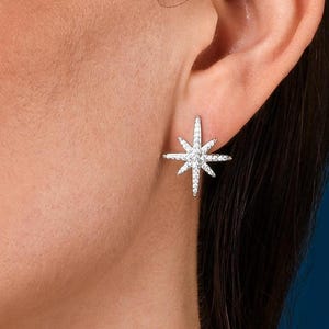 North Star Earrings with Cubic Zirconia Stones For Women,Silver North Star Earrings with White Stones,Sparkly Star Silver Earrings for Girls